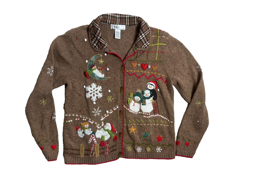Christmas Sweater Cardigan Brown Wool Blend Plaid Collar Sz L Kikit Cottage Vtg